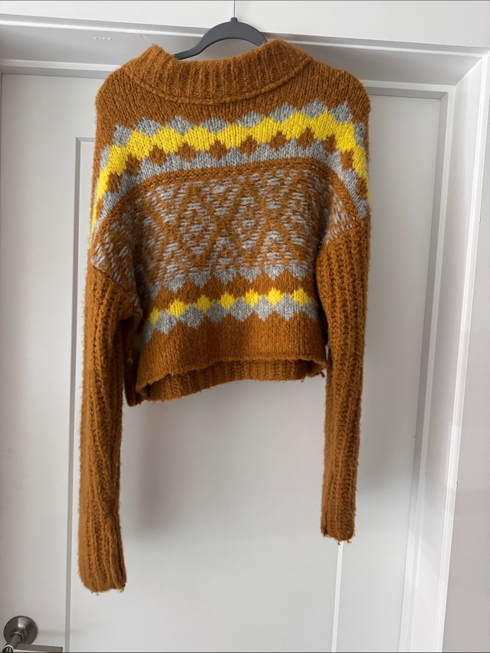 Cropped Fair Isle Crewneck Sweater in Rust with Yellow & Gray